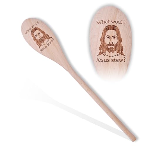 Wooden Spoon with Engraved Design, Novelty Cooking Utensil Gift for Home Chefs, Bakers & Food Lovers, Wooden Kitchen Spoon Gift for Mom, Dad, Friends, White Elephant & Housewarming - Jesus - color: Jesus