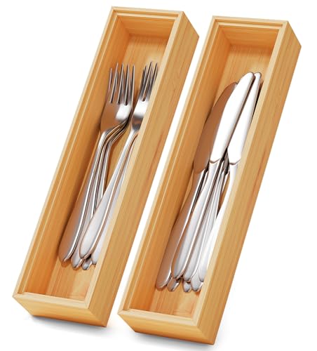 Bamboo Kitchen Drawer Organizer Boxes 12" x 3" Stackable Wooden Organizers - size: 12" x 3" x 2"