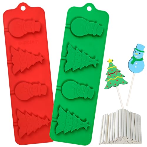 Webake Christmas Lollipop Molds with Tree and Snowman Shapes, Silicone Chocolate Candy Sucker Mold with Sticks, Pack of 2