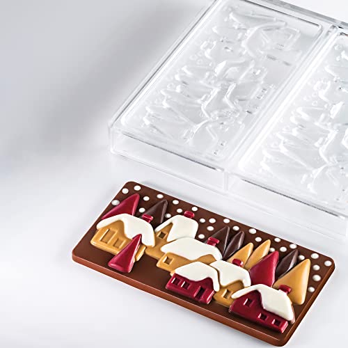 Pavoni PC5038 Polycarbonate Chocolate-Bar Mold with Three Xmas-Village Cavities, Each 77mm x 154mm x 10mm High - color: Xmas Village
