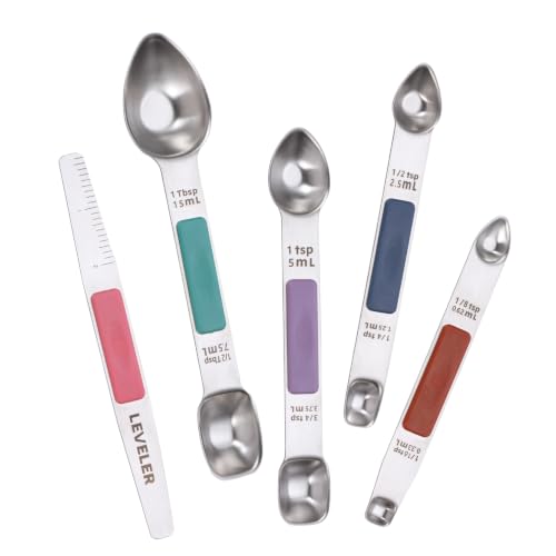 Heavy Duty Stainless Steel Measuring Spoons,Unique Dual-Head Tablespoon and Teaspoon with Bonus Leveler,Engraved Markings,Nonslip Silicone Grip,Great Baking Gift Set(colourful)(set of 5) - color: Measuring Spoons 5pcs(Colorful)