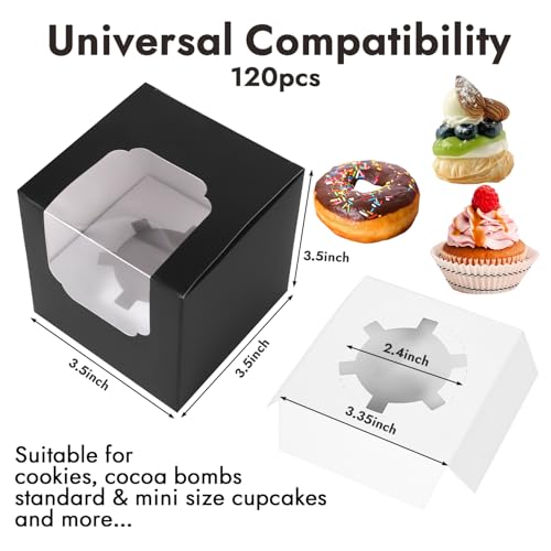 JCD 120 Boxes+120 Inserts Black Cupcake Boxes Individual Cupcake Container 3.5" x 3.5" x 3.5" Auto-Pop up Single cake Box for Bakery Gift Giving (Black/120Pcs) - color: Black/120Pcs