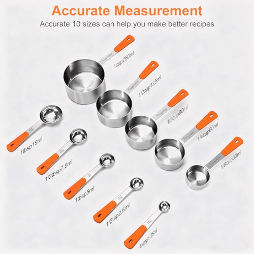 Bopei 10-Pcs Stainless Steel Measuring Cups & Spoons Set, Orange Handles - color: Orange