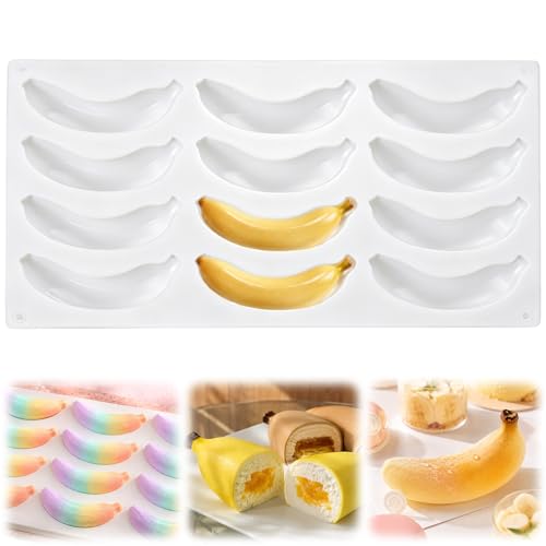 Palksky Banana Silicone Molds, 12 Cavity 3D Banana Shape Baking Mold for Chocolate, Cake, Dessert, Pudding, Bread, Ice Cube, Non-Stick Fruit Pastry Molds - size: 1 Pack Banana