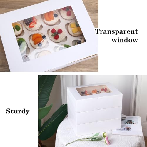 Moretoes 30pcs Cupcake Boxes, 12 Count Bakery Boxes with Windows & Inserts - color: White, size: 13*10*3.5inch