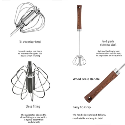 Stainless Steel Semi-Automatic Whisk Hand Push Rotary Whisk Blender with Wood Handle Egg Beater Hand Push Mixer Stirrer Egg Scrambler for Blending, Whisking, Frothing, Beating & Stirring (14in)