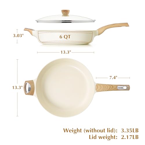 SENSARTE Ceramic Nonstick Frying Pan Skillet with Lid, 13.3 Inch Large Deep Frying Pan, 6 QT Saute Pan, Induction Pan, Healthy Non Toxic Cooking Pan with Helper Handle, PFOA PFAS PTFE Free - color: Ceramic White, size: 6QT / 13.3IN
