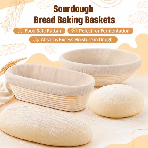 Sourdough Bread Baking Supplies, 2 Pack Banneton Bread Proofing Basket 10 inch Round & 10 inch Oval Proofing Bowls for Sourdough Bread with Liner Making Baking Fermentation Tools