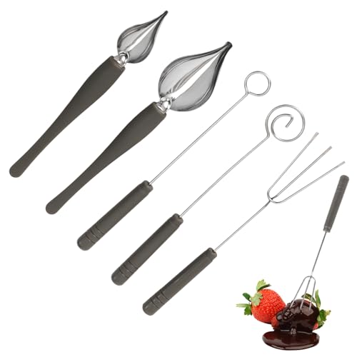 5pcs Chocolate Dipping Tools, 5 Styles Stainless Steel & Plastic Decorating Spoon Candy Dipper Tools Fondue Forks Set Accessories for Candy Making and Decorative Plating Supplies