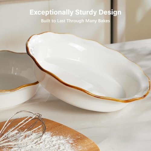9 Inch Ceramic Pie Pan, Fluted Baking Dish with Brown Glaze Rim, Oven Safe - color: Creamy White, size: 9 inch