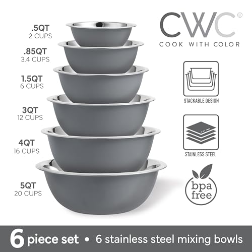 COOK WITH COLOR Stainless Steel Mixing Bowls Set - Nesting Bowls, 6 Pieces, Grey - color: Gray
