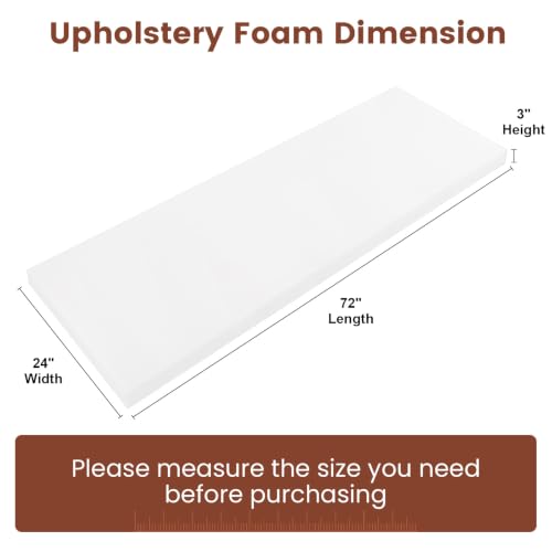 Upholstery Foam 3" x 24" x 72", 1PC High Density ﻿Foam Couch Padding - size: 3" x 24" x 72"
