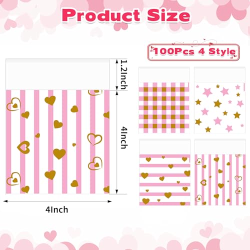 100PCS Valentines Self-Sealing Cookie Bags: 4×4Inch Valentine Cellophane Treat Bags for Candy, Cookies, Snacks - Clear Valentine's Day Small Goodie Bag for Party Favors, Classroom Exchange - 2.8Mil - color: Valentine 100pcs