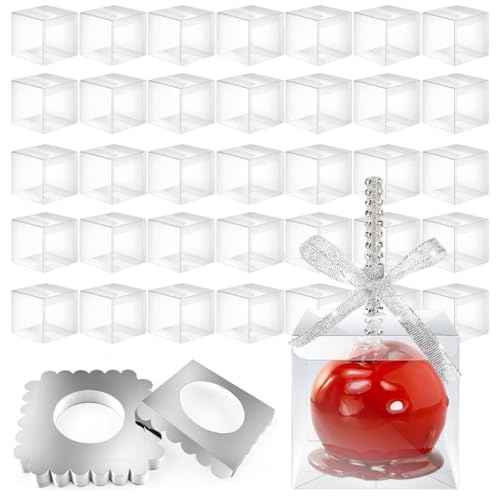 Weysat 100 Pcs Candy Apple Boxes, Silver Base Clear PET with Hole Top - color: Silver