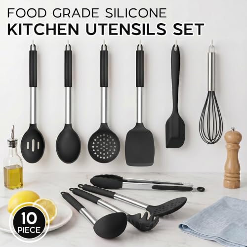 Onader Silicone Kitchen Utensils Set of 10, Cooking Utensils with Holder and Heat Resistant Stainless Steel Handle for Nonstick Cookware - Black - color: Black