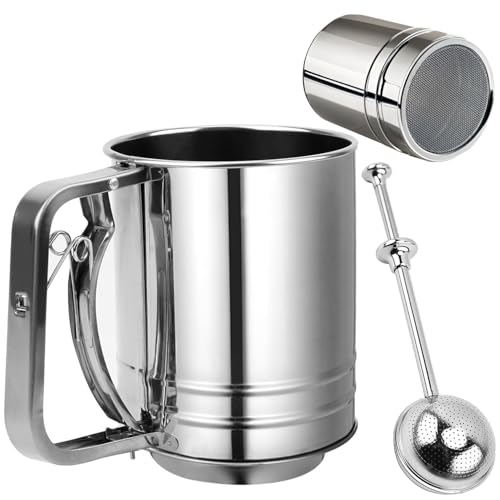 Flour Sifter Stainless Steel 3 Double Layer Fine Mesh Sifter Flour Strainer 3 in1 Sifters for Baking, Powdered Sugar Shaker Duster for Baking Cakes, Pastries, Pies, Cupcakes - size: 3 in1