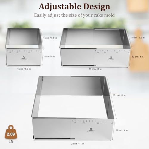 Adjustable Rectangle Mousse Cake Ring Mold - Extendable Stainless Steel Square Shaped Cake Cutter, Bakeware for Customized Baking - Heavy Duty Baking Accessories - 5.9 * 5.9 * 4IN - size: 5.9*5.9*4IN