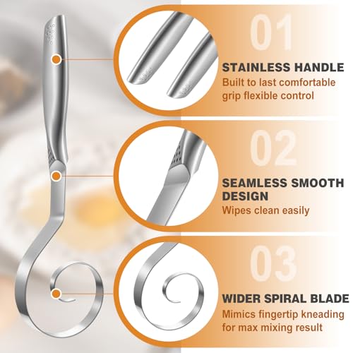 Didaey 2 Pcs Seamless Danish Dough Whisk 10" Stainless Steel Dutch Bread Dough Whisk Tool for Sourdough Bread Baking, Whisking, Pastry, Cake Batter, Biscuits, Dishwasher Safe