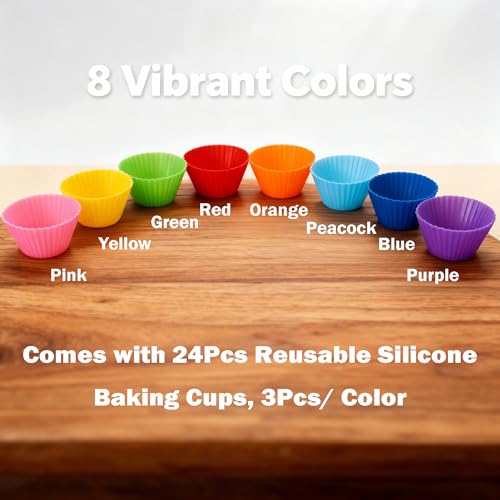Reusable Silicone Cupcake Liners, BPA Free Silicone Muffin Cups for Baking, Oven Microwave Air Fryer Safe, 2.75 x 1.7 x 1.2 Inches, Dishwasher Safe Baking Cups, 8 Rainbow Colors, 24 Pack - color: Pink, Blue, Yellow, Orange, Green, Purple, Red, Peacock Blu
