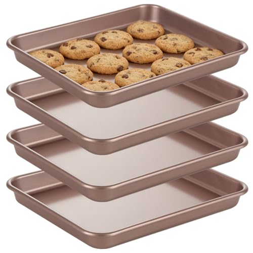 SHUESS 4 Pcs Baking Sheet, 11 X 9 Inch Non Stick Cookie Sheets for Baking, Heavy Duty Carbon Steel Small Cookie Sheets, Golden Jelly Roll Pan, Quarter Sheet Pan, Baking Trays for Oven, Air Fryer