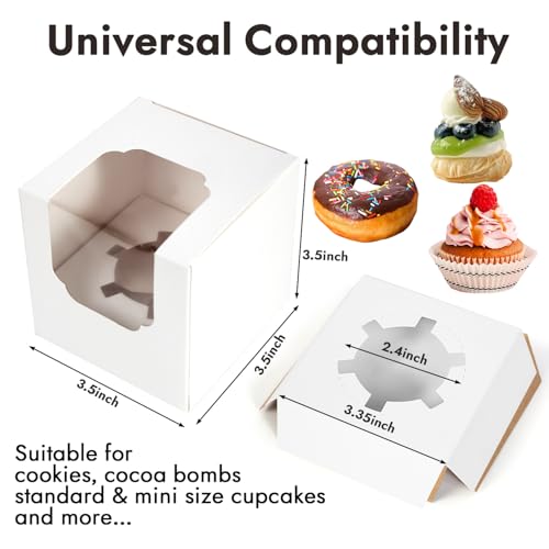 JCD 70pcs Cupcake Boxes, 3.5inches Auto-Pop up Single Individual Pre-Assembled White Cake Boxes with Window and Inserts Single Cupcake Containers for Birthdays, Wedding(White/70Pcs) - color: White/70Pcs