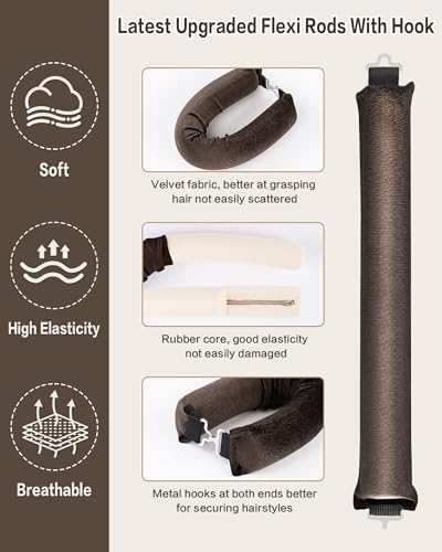 Seritant Heatless Curls Overnight with Satin Head Scarf, Velvet Hair Rollers for Blowout Look, No Heat Curling Rod for Long Thick Hair, Soft Sleep In Flexi Rods - color: Brown