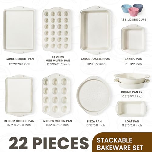 Kikcoin 22 PCS Nonstick Baking Pans Set, Stackable Bakeware Sets with Silicone Handles, 450°F Oven Safe Baking Sheet Set, Easy Release Cookie Sheets for Baking, Cream - color: Cream