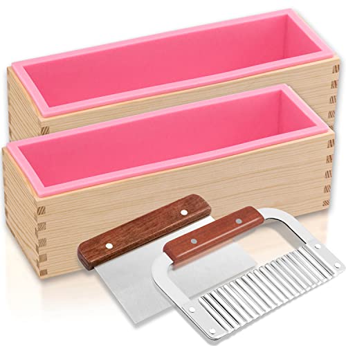 Lerykin 2 pcs Rectangular Soap Molds Kit with Cutters - 42oz Flexible Silicone Loaf Soap Mold with Wooden Box, Stainless Steel Wavy & Straight Scraper for Homemade Craft Soap Making Supplies - color: Pink+Yellow - Rectangle