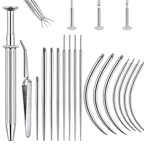 17PCS Piercing Insertion Tool, Stainless Steel Body Jewelry - color: Tweezers+ Piercing Tapers