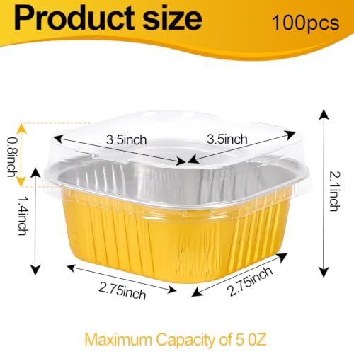 100 Pcs 5oz Mini Square Baking pans with Lids, Aluminum Foil Cake Molds with Lid, Disposable Cupcake Pan Pudding Cups for Party Wedding Birthday,Gold - color: Gold