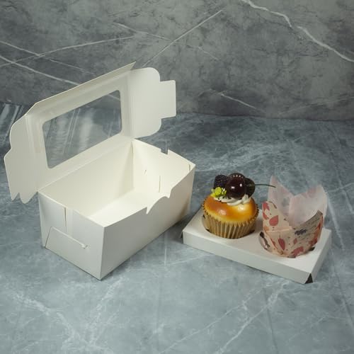 White Cupcake Boxes, Premium Sturdy Cupcake Carriers with Inserts and Clear Window Perfect for Cupcake Package and Presentation(Holds 2, Pack of 30) - size: 2-Cup, 30-Pack