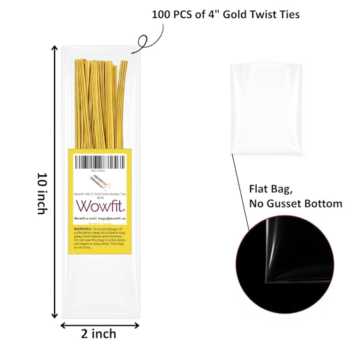 Wowfit 100 CT 2x10 Clear Cellophane Pretzel Rod Bags, 4" Gold Twist Ties - size: 2x10 Inch (Pack of 100)