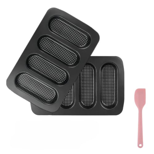 2 Pack Perforated Carbon Steel Hot Dog Bun Pan Nonstick Mini Baguette Baking Tray Black