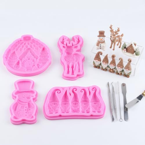 Mujiang Christmas Silicone Molds Snowman Gnome Deer Fondant Mold Set of 4 - color: Style F