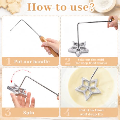 6 Pack Bunuelos Molds with Handles, Rosette Timbale Iron Set with 2 Interchangeable Heads, Aluminum Alloy Waffle Molds for Kitchen Baking, Lotus Star Cooking Stamp Houseware Tool