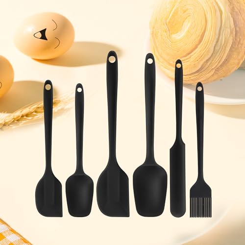 Silicone Spatula Set 6 Pack Food Grade Kitchen Utensils with Silicone Brush - color: Black