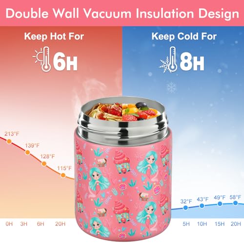 wiwens 12oz Soup Thermo for Hot Food Kids Insulated Food Jar Wide Mouth Lunch Container Leak Proof Stainless Steel Vacuum Bento Box for School Office Travel Outdoors Pink-Mermaid - color: Pink-Mermaid