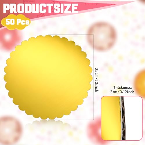 SynHHergyx 50 Pack 10 Inch Gold Cake Boards Round Disposable Cake Circle Base Board Valentine's Day Cake Cardboard Rounds Scallop Edge Grease Proof Coated Plate for Wedding Christmas Birthday