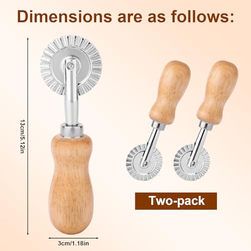 2pcs Fluted Pastry Cutter Wheels, Zinc Alloy Short Ravioli & Pasta Crimper Cutter with Wooden Handle Dough Roller Cracker Maker Tool for Home Kitchen Pizza Cookies Pie Crust Dumplings