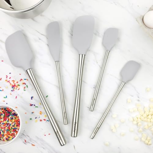 Tovolo Stainless Steel Handled Silicone Spatula Set of 5 Oyster Gray, Dishwasher Safe Kitchen Spatula Set for Cooking Baking, Non Toxic BPA Free Silicone Spatula set with Metal Steel Handle - color: Oyster Gray, style: Stainless Steel Handle