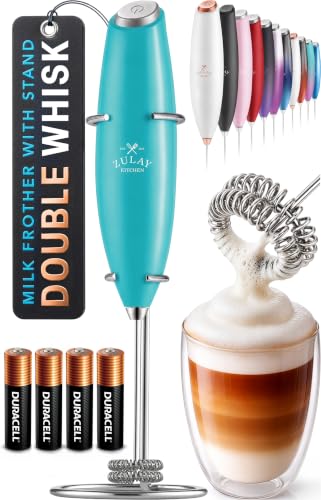 Zulay Kitchen Powerful Milk Frother Wand With Duracell Batteries - Ultra Fast Handheld Drink Mixer - Electric Whisk Foam Maker for Coffee, Lattes, Cappuccino & Matcha - Double Whisk - Caribbean Aqua - color: Turquoise Caribbean, size: Double Whisk + Batte