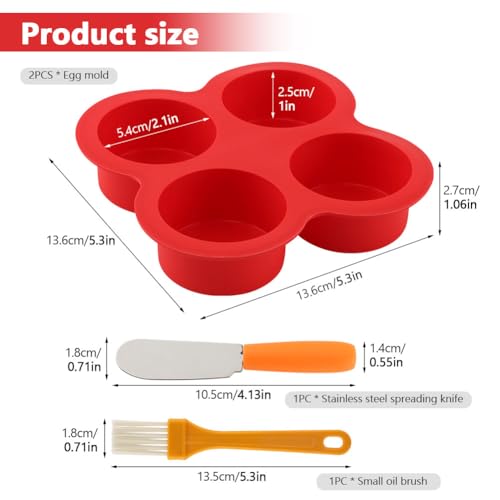 2 Pack Silicone Egg Bite Molds, with 1 Spatula & 1 Brush - color: Red