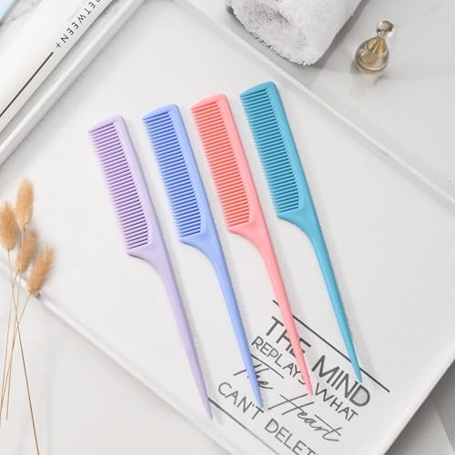 4 Pcs Rat Tail Comb Set for Women -Fine Tooth Styling comb with Pick, Anti-Static Heat Resistant Teasing Comb,Professional Hair Parting Tools for Smooth Detangling, Updos & Salon-Perfect Hairstyles. - color: Light purple-Baby blue-Pink-Blue