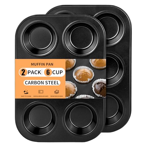 2 Pack 6-Cup 4/12/24/48 Cups Muffin Pan, Heavy-Duty Carbon Steel Nonstick Cupcake Baking Pan, 2.56” Standard Size Cups, Compact 10.43” x 7.28” Design, Oven & Dishwasher Safe - color: 6 Cups 2 Pack
