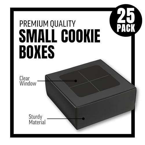 25 pcs Black Mini Cookie Boxes for 4 treats with Window and Dividers, Bakery Boxes, 6 x 6 x 2.4 Inches SMALL Baking Boxes, Square Cookies Box Decorating Supplies for Gift Giving - color: Black