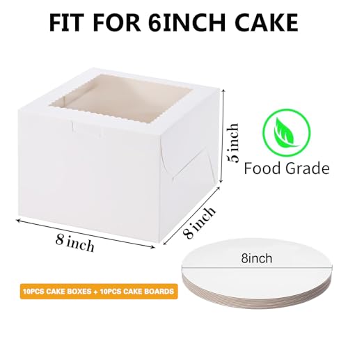 20Pack 8x8x5 Cake Boxes with Window & Cake Boards (10 Boxes + 10 Boards), White Elegant Container for Cakes, Cookies, Wedding, Birthday, Fathers Day, One-Piece Assembly - size: 8x8x5 inch