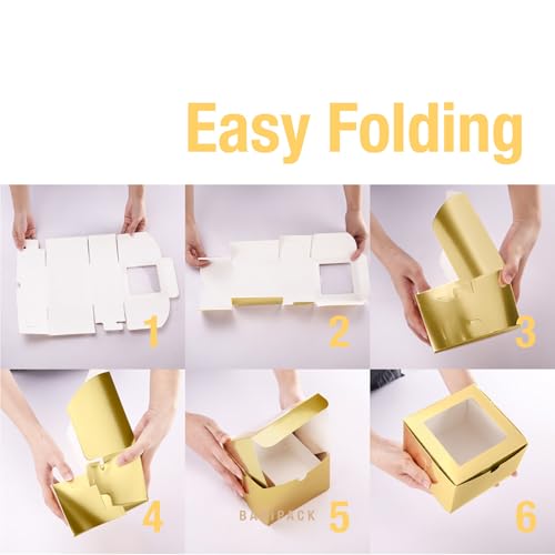 25 Gold Bakery Boxes with Window, 5x5x3.5 Inches Cake Boxes - color: Gold