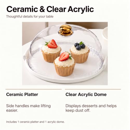11.4-Inch Ceramic Cake Stand with Lid, White Round Cake Plate with Clear Acrylic Dome Cover for Cakes, Cookies, Pastries and Fruit