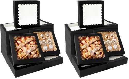 Bakepacker 20pcs Black Pie Boxes 12x12x3 inches Easy Assemble Macaroon Cookie Boxes Bakery Boxes with Window for Bakery (Auto-pop Up) (Pack of 2) - color: Black, size: 20 Pcs/ 12*12*3" (Pack of 2)