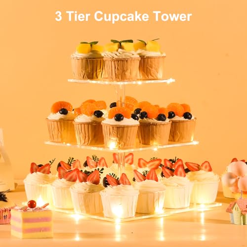HENABLE 3 Tier Cupcake Stand Cupcake Holder, Acrylic Cupcake Tower with LED Yellow Light for 24 Cupcakes, Dessert Table Display Set for Birthday, Bar, Decor Weddings, Parties Events (Pack of 2) - size: 3 Tire square (Pack of 2)
